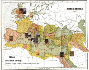 Mapa imperi Romà amb els llibres de Falco situats on transcorre l'acció