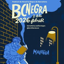 Imatge del festival BCNegra 2026 amb il·lustració d’una figura llegint un llibre sota un fanal, edificis foscos de fons i informació de l’esdeveniment del 2 al 8 de febrer