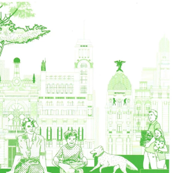Il·lustració urbana en tons verds amb edificis emblemàtics al fons i diverses persones assegudes o passejant en un espai públic, acompanyades d’un gos.