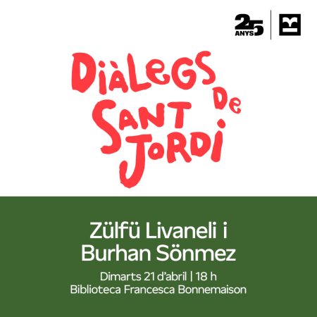 Imatge de Diàlegs de Sant Jordi amb Zülfü Livaneli i Burhan Sönmez, el 21 d’abril a la Biblioteca Francesca Bonnemaison.