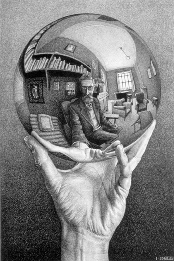 Mà amb esfera reflectant (Autoretrat en un mirall esfèric), litografia (1935) de l'artista M.C. Escher