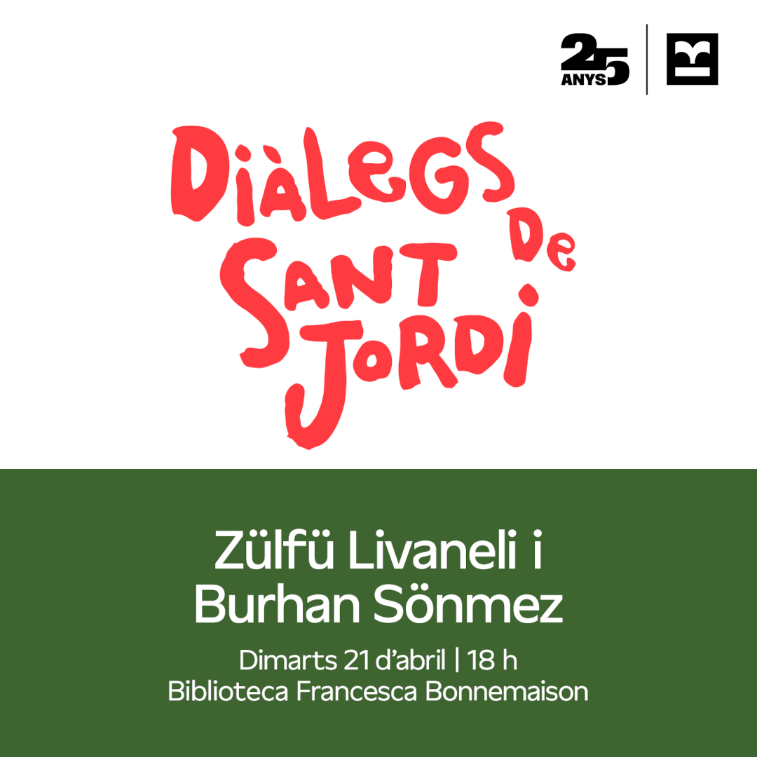Imatge de Diàlegs de Sant Jordi amb Zülfü Livaneli i Burhan Sönmez, el 21 d’abril a la Biblioteca Francesca Bonnemaison.