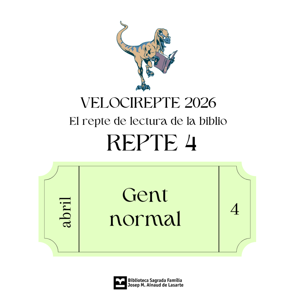 Imatge del repte de lectura “Velocirepte 2026. El repte de lectura de la biblio”. Repte 4 del mes d’abril per a públic adult (“gent normal”). Il·lustració d’un dinosaure llegint un llibre a la part superior i, a sota, una entrada de color verd amb el text del repte. Logotip de la Biblioteca Sagrada Família – Josep M. Ainaud de Lasarte a la part inferio